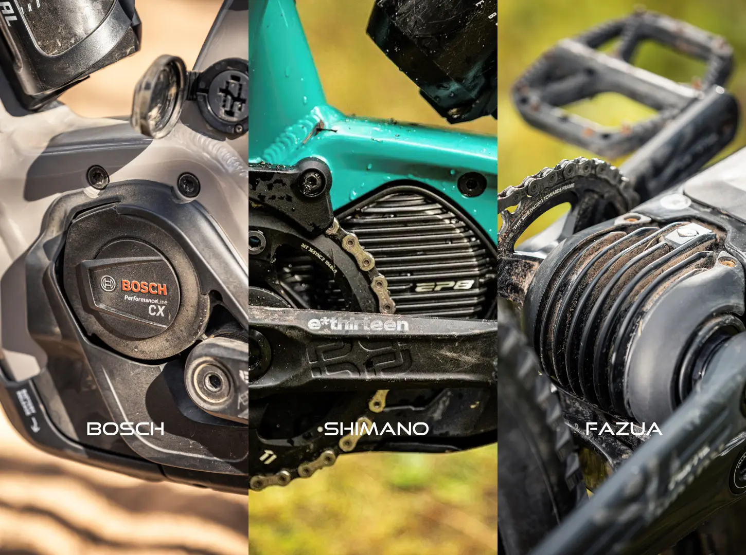 Drei Detailfotos von Focus EBike Antriebssystemen Bosch Shimano Fazua