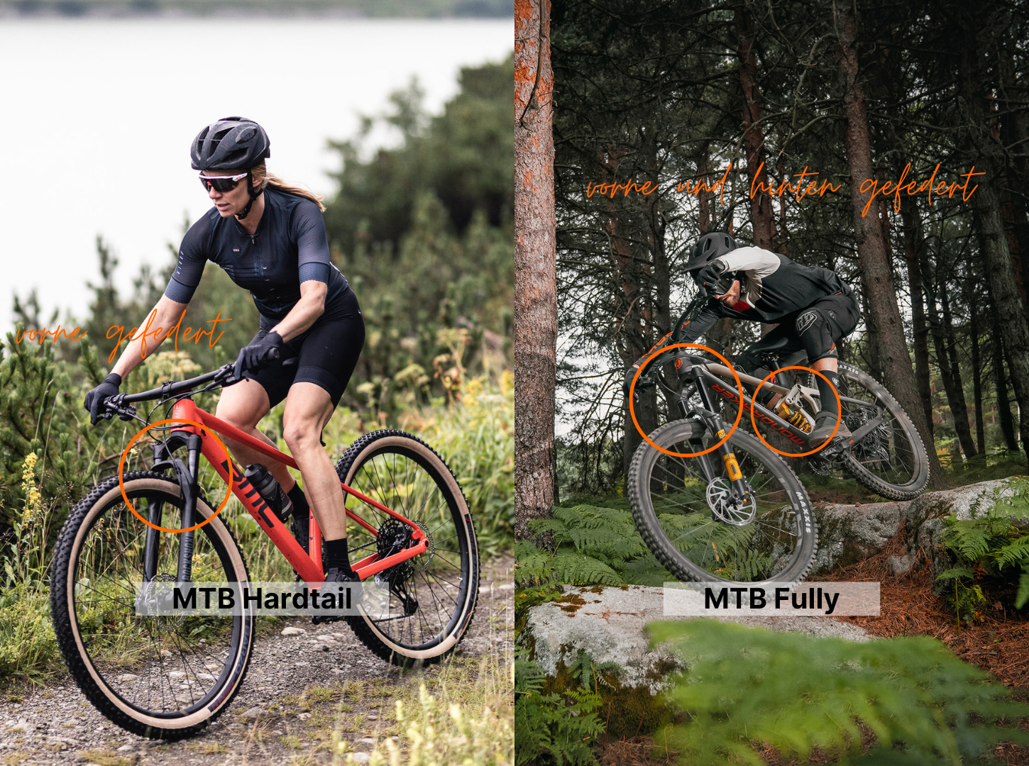 Links fährt eine MTB Hardtail Fahrerin mit ihrem BMC Twostroke einen Waldweg entlang und rechts ein Enduro Fahrer mit seinem Mondraker Superfoxy einen Downhill Steinpassage herunter um den Unterschied zwischen Hardtail und Fully aufzuzeigen