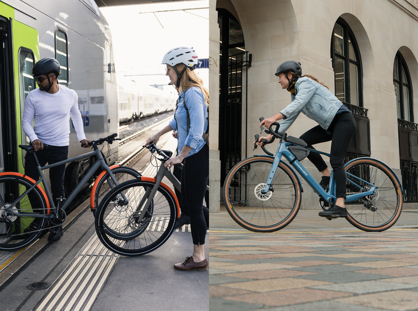 Links im Bild sind eine Frau und ein Mann mit ihren BMC 257 City Bikes am Bahnhof und steigen zum Pendeln in den Zug und rechts fährt eine Frau mit ihrem E Gravel Mondraker Dusty durch die Stadt