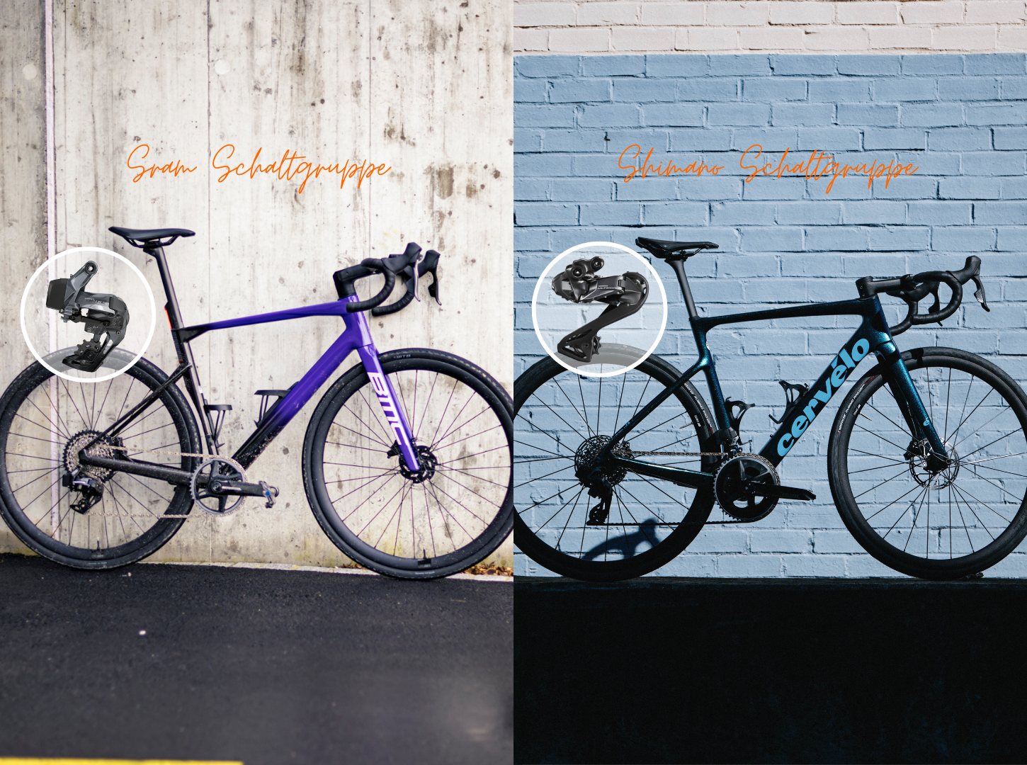 Zwei Rennrad Produktfotos vor einer Wand mit zwei unterschiedlichen Schaltgruppen links Sram und rechts Shimano Schaltgruppe als Beispiel