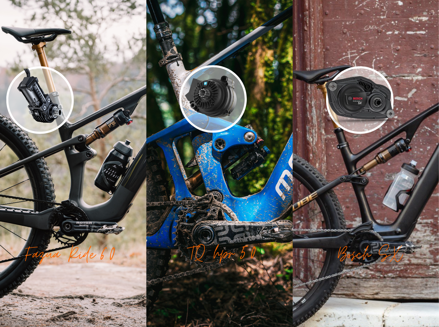 Drei Light EMountainbikes mit verschiedenen Motoren links Focus Jam SL mit Fazua Ride 60 Motor mitte Mondraker NEAT mit dem TQ HPR 50 Motor rechts Cube AMS Hybrid One44 mit Bosch SX Motor