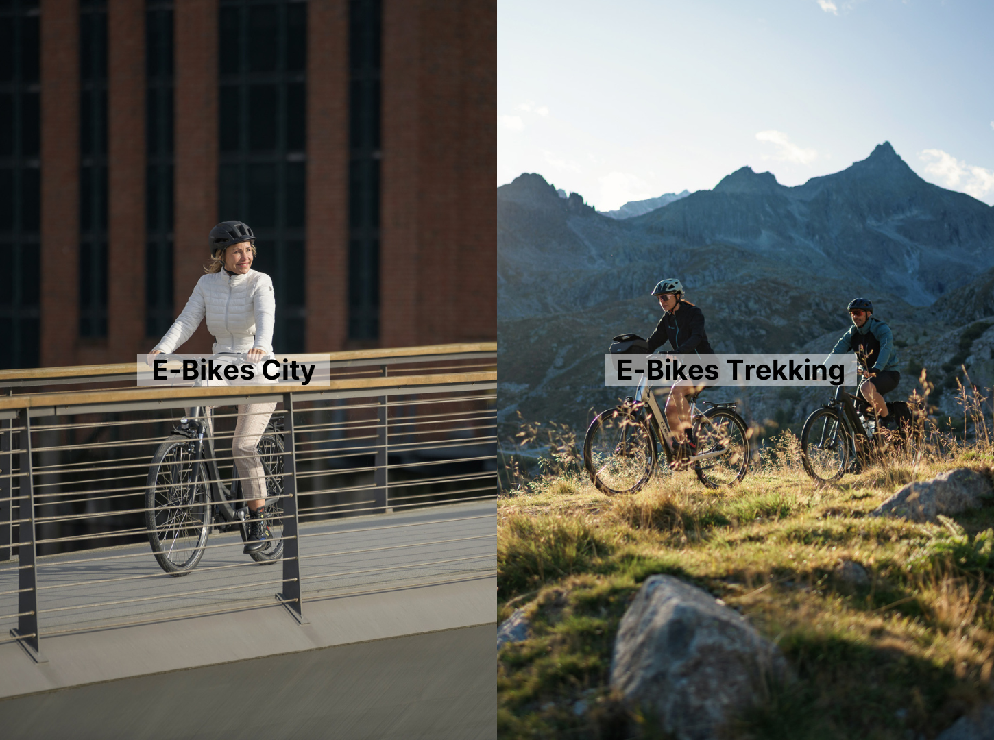 Gegenüberstellung von E Bikes city und TrekkingLinks fährt eine Frau E-City-Bike in der Stadt und rechts zwei Leute E-Trekking Bikes in den Bergen