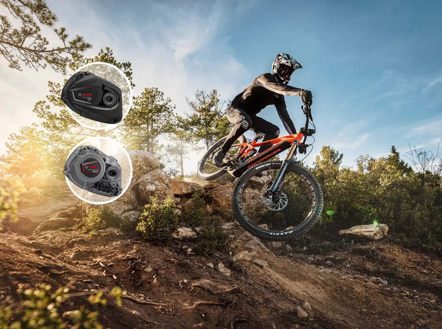 EMountainbiker Fahrer mit Mondraker Crafty beim Downhill und zwei Bosch Motor Produktfotos als Beispiel