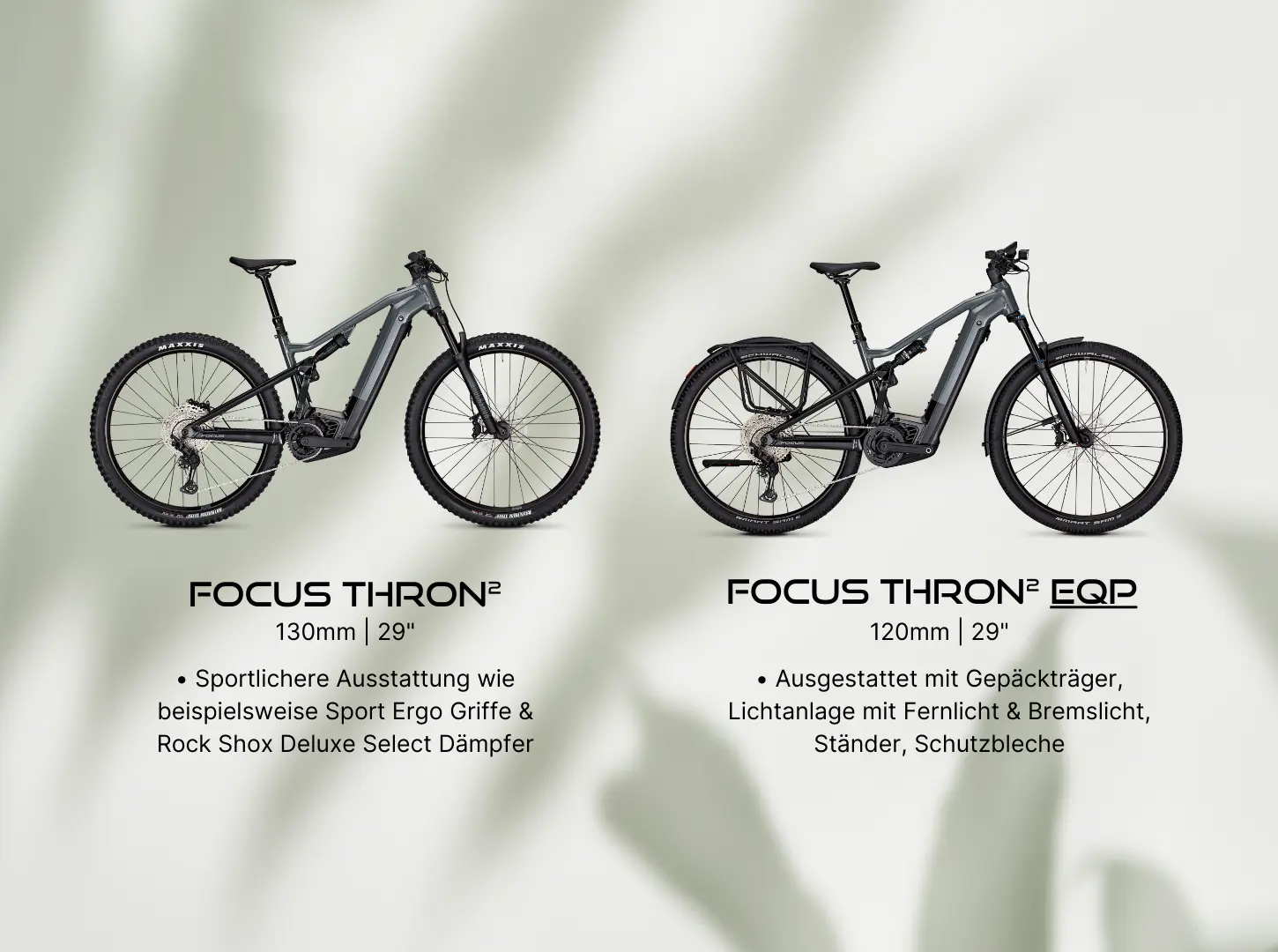 Zwei Produktfotos von Focus Thron2 EBike Modellen ausgestattet und nicht ausgestattet