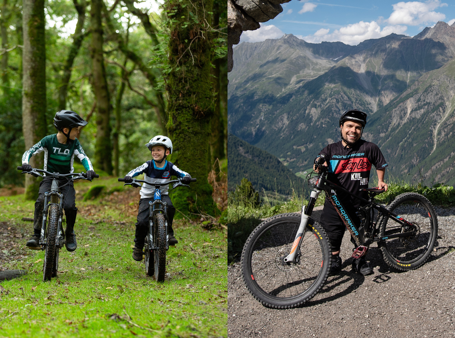 Links im Bild fahren zwei Geschwister mit zwei Kinder EBikes und rechts im Bild steht ein Kleinwüchsiger MTB Fahrer mit einem Kinder EBike in Sölden im Bikepark